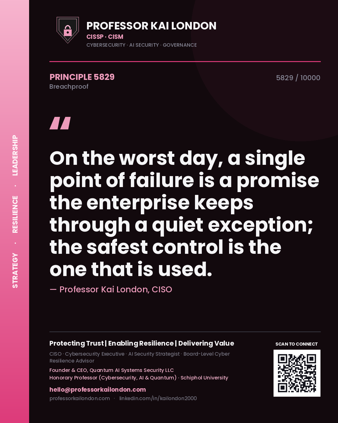 Quote card by Professor Kai London reading 'On the worst day, a single point of failure is a promise the enterprise keeps through a quiet exception; the safest control is the one that is used.'. From the book Breachproof.