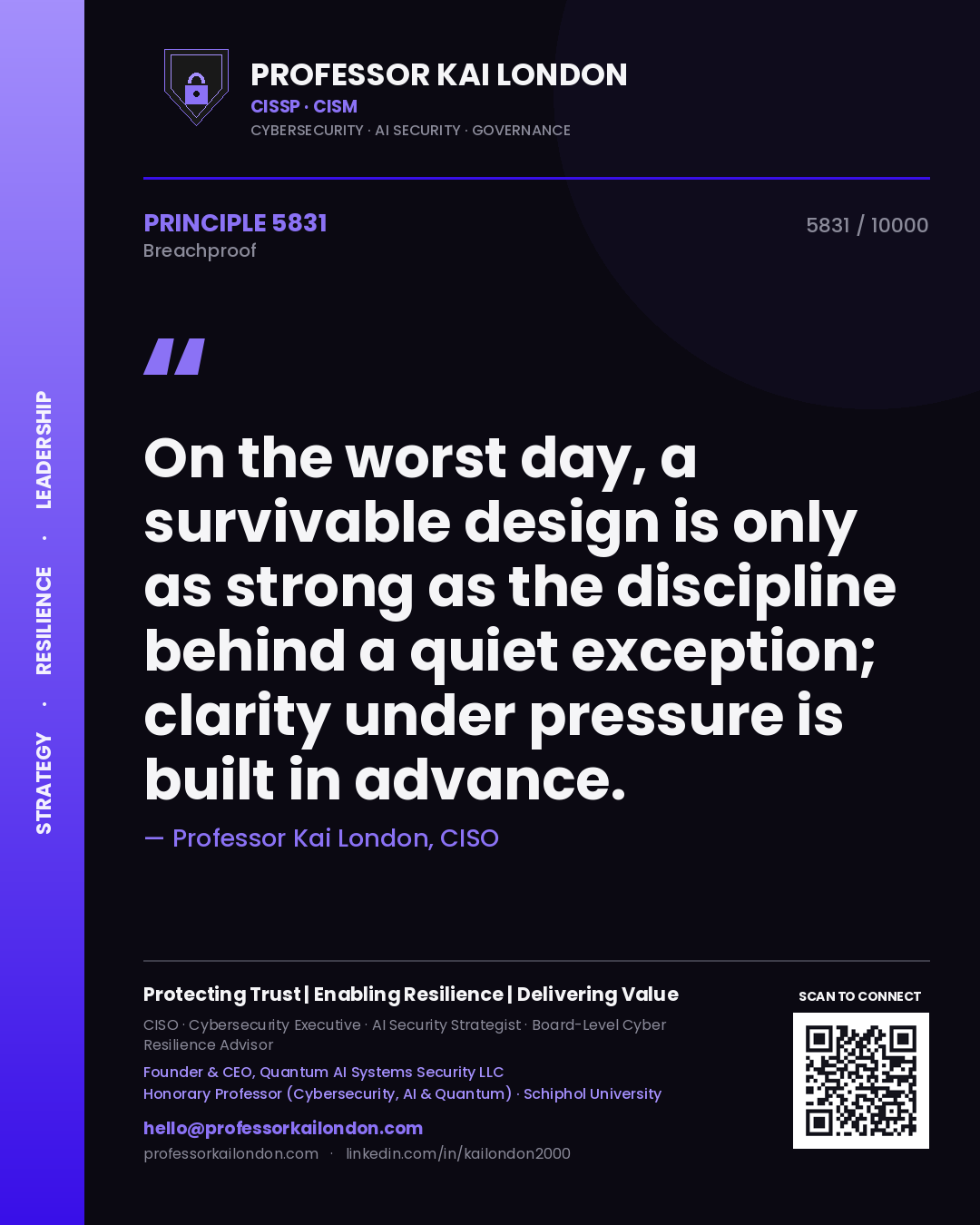 Quote card by Professor Kai London reading 'On the worst day, a survivable design is only as strong as the discipline behind a quiet exception; clarity under pressure is built in advance.'. From the book Breachproof.