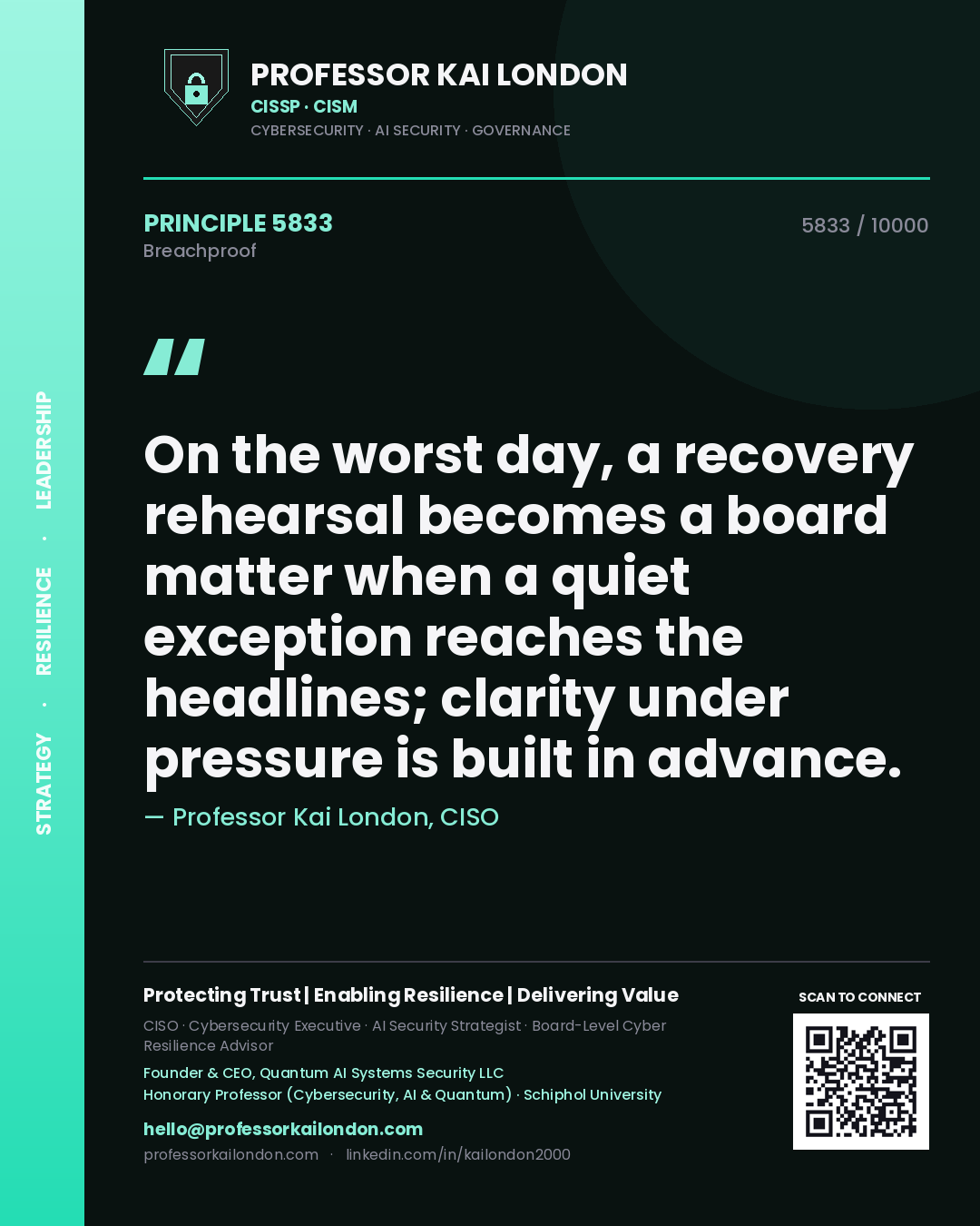 Professor Kai London principle 5833: On the worst day, a recovery rehearsal becomes a board matter when a quiet exception reaches the headlines; clarity under pressure is built in advance.