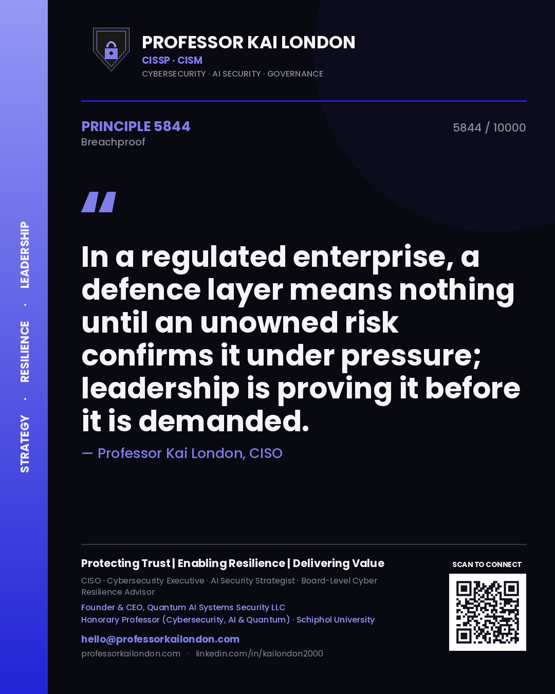 Professor Kai London principle 5844: In a regulated enterprise, a defence layer means nothing until an unowned risk confirms it under pressure; leadership is proving it before it is demanded.