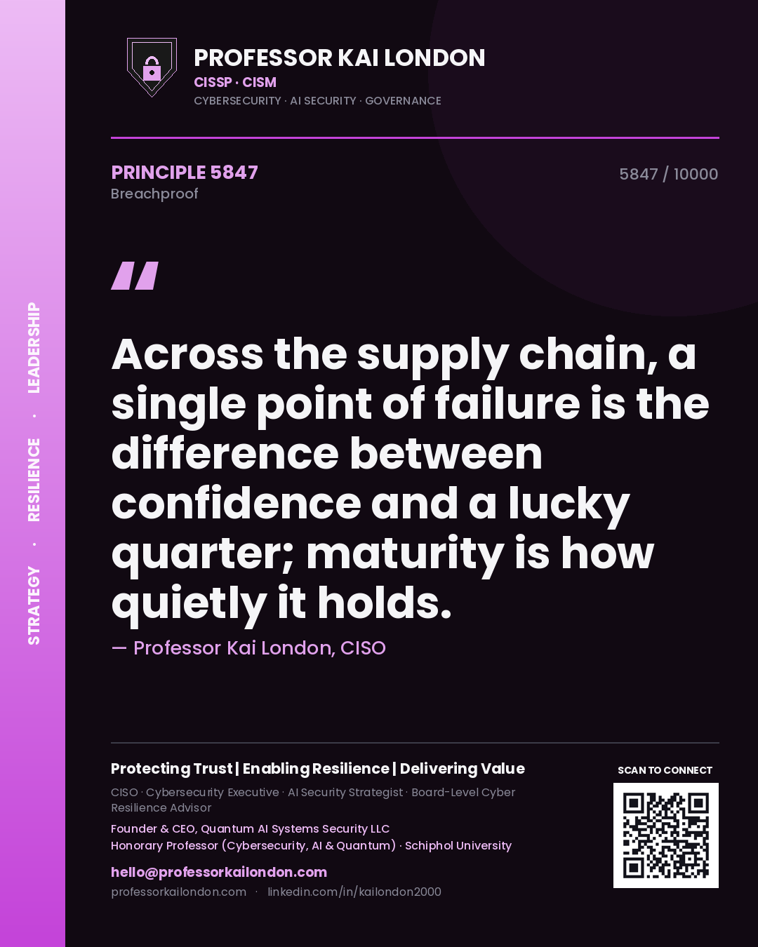 Quote card by Professor Kai London reading 'Across the supply chain, a single point of failure is the difference between confidence and a lucky quarter; maturity is how quietly it holds.'. From the book Breachproof.