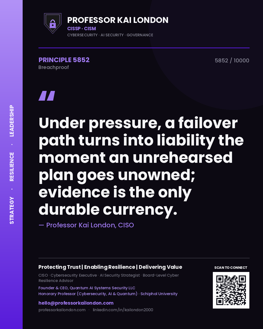 Quote card by Professor Kai London reading 'Under pressure, a failover path turns into liability the moment an unrehearsed plan goes unowned; evidence is the only durable currency.'. From the book Breachproof.