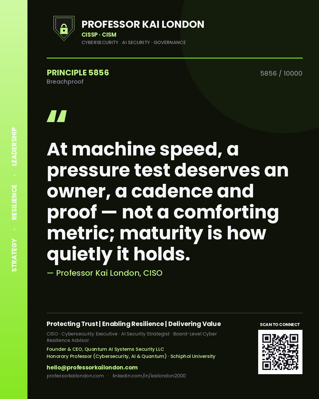 Professor Kai London principle 5856: At machine speed, a pressure test deserves an owner, a cadence and proof — not a comforting metric; maturity is how quietly it holds.