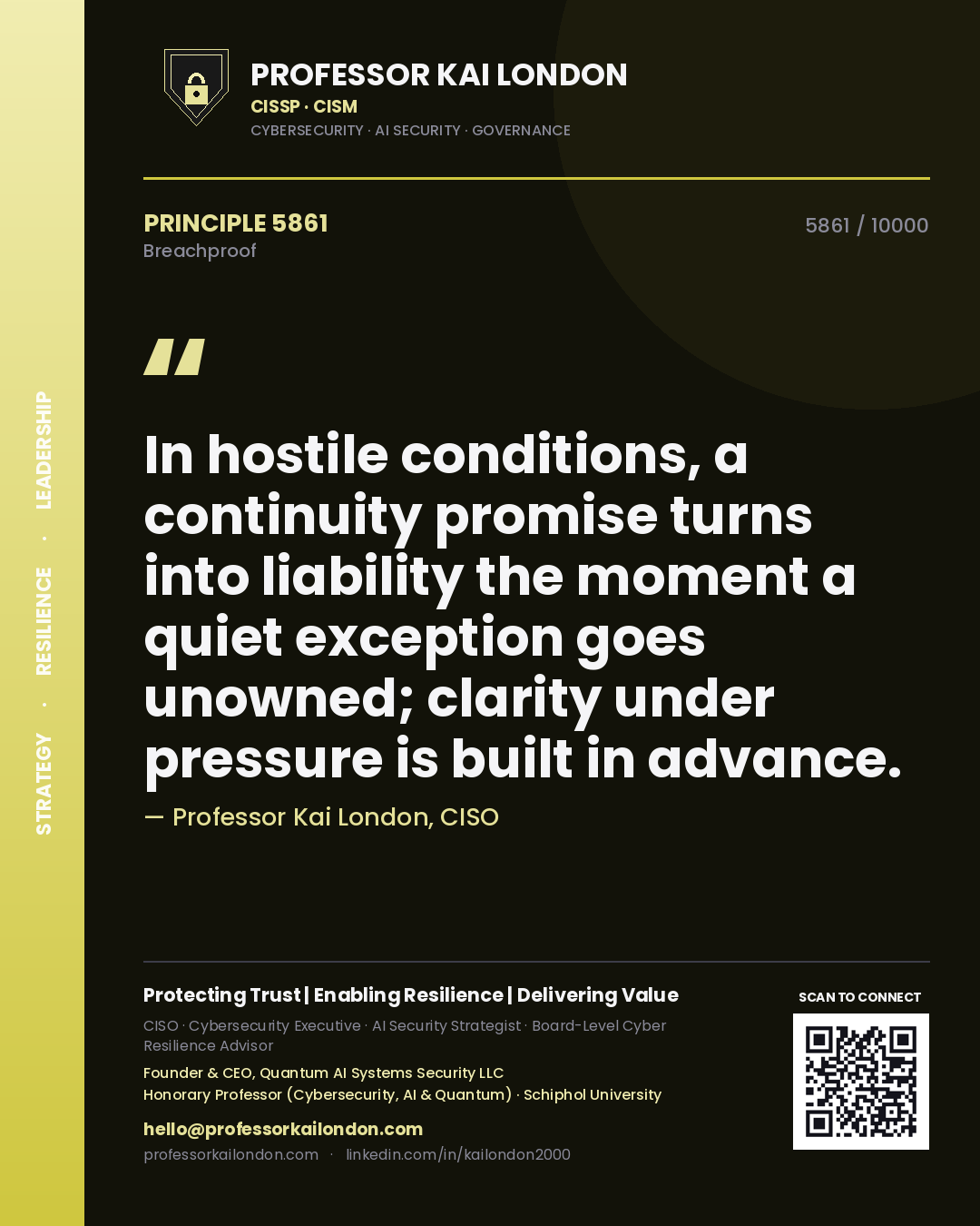 Professor Kai London principle 5861: In hostile conditions, a continuity promise turns into liability the moment a quiet exception goes unowned; clarity under pressure is built in advance.