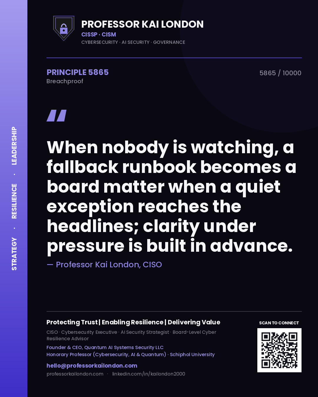 Quote card by Professor Kai London reading 'When nobody is watching, a fallback runbook becomes a board matter when a quiet exception reaches the headlines; clarity under pressure is built in advance.'. From the book Breachproof.
