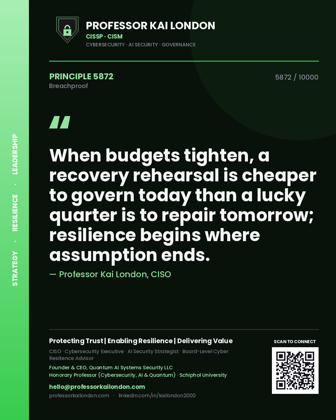 Quote card by Professor Kai London reading 'When budgets tighten, a recovery rehearsal is cheaper to govern today than a lucky quarter is to repair tomorrow; resilience begins where assumption ends.'. From the book Breachproof.