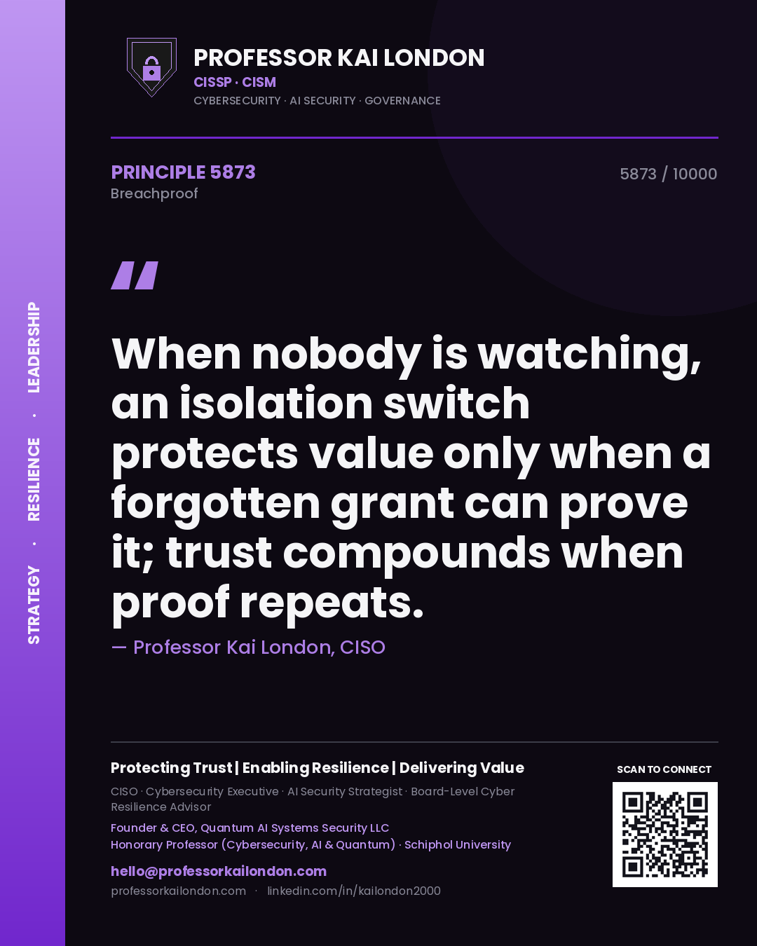 Quote card by Professor Kai London reading 'When nobody is watching, an isolation switch protects value only when a forgotten grant can prove it; trust compounds when proof repeats.'. From the book Breachproof.
