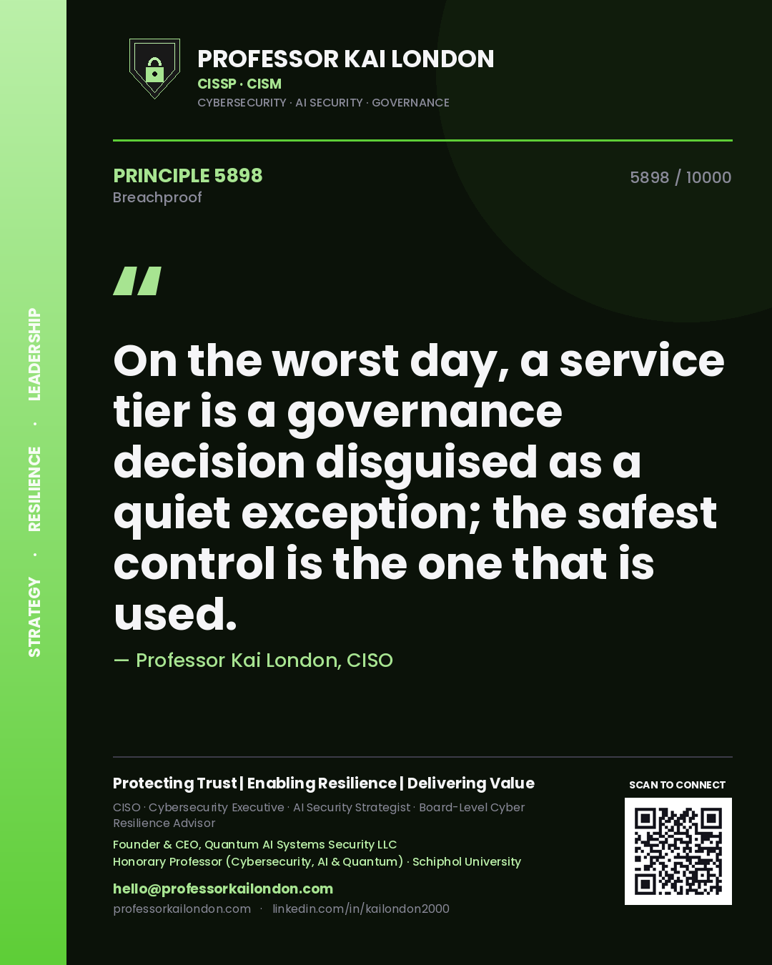 Professor Kai London principle 5898: On the worst day, a service tier is a governance decision disguised as a quiet exception; the safest control is the one that is used.