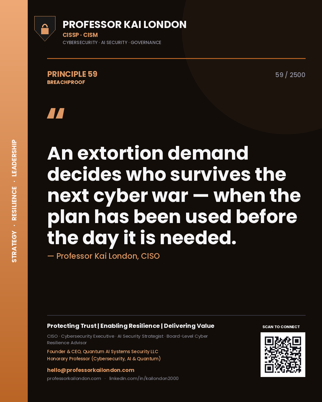 Quote card by Professor Kai London reading 'An extortion demand decides who survives the next cyber war — when the plan has been used before the day it is needed.'. From the book Breachproof.