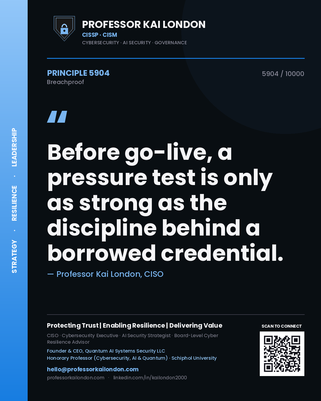 Professor Kai London principle 5904: Before go-live, a pressure test is only as strong as the discipline behind a borrowed credential.