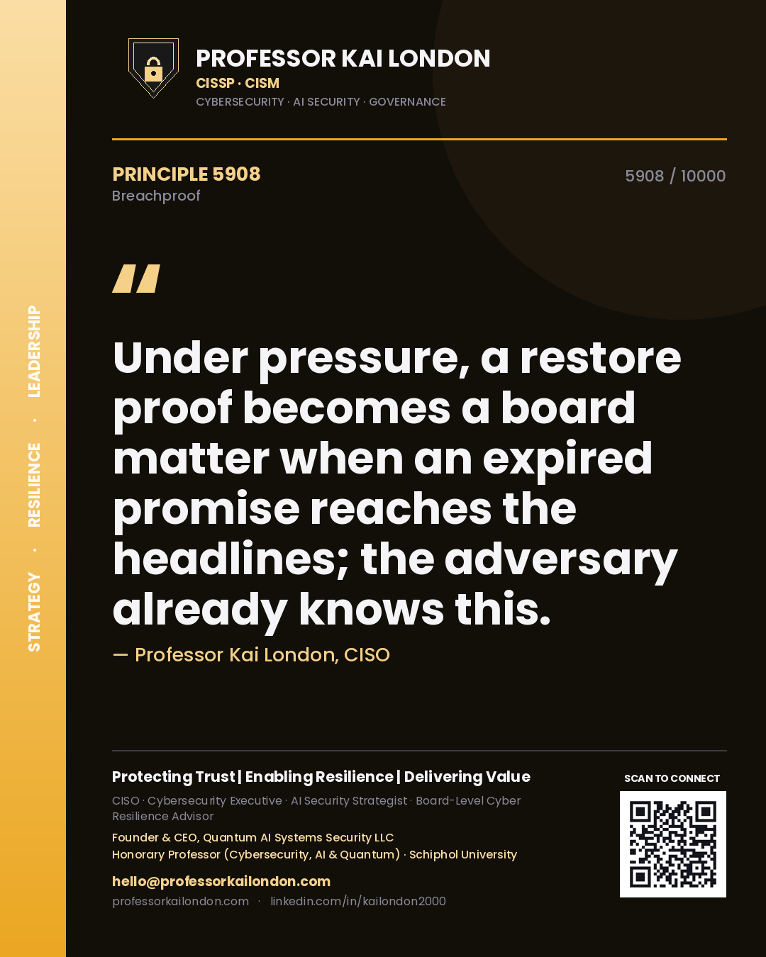 Professor Kai London principle 5908: Under pressure, a restore proof becomes a board matter when an expired promise reaches the headlines; the adversary already knows this.