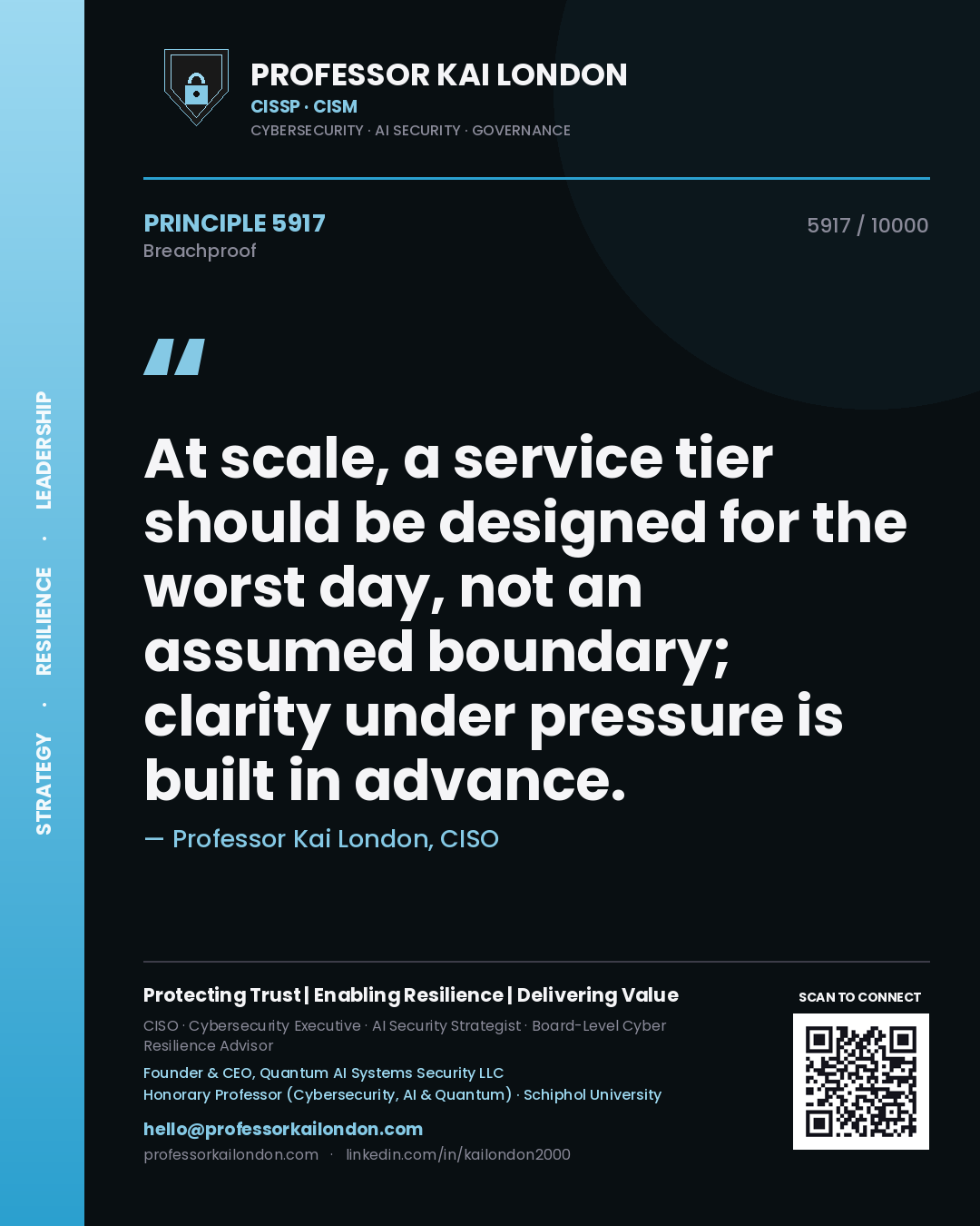 Quote card by Professor Kai London reading 'At scale, a service tier should be designed for the worst day, not an assumed boundary; clarity under pressure is built in advance.'. From the book Breachproof.