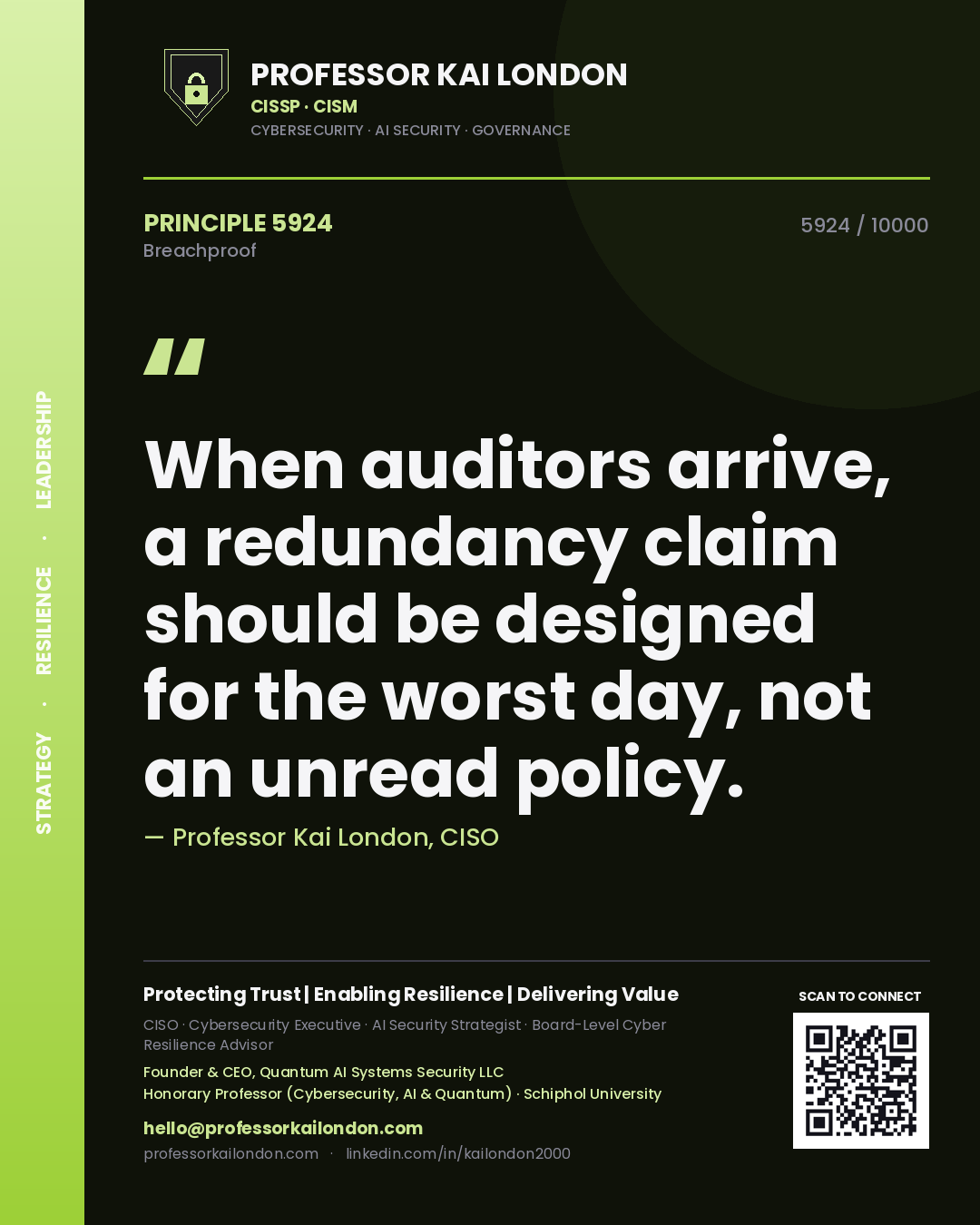 Quote card by Professor Kai London reading 'When auditors arrive, a redundancy claim should be designed for the worst day, not an unread policy.'. From the book Breachproof.