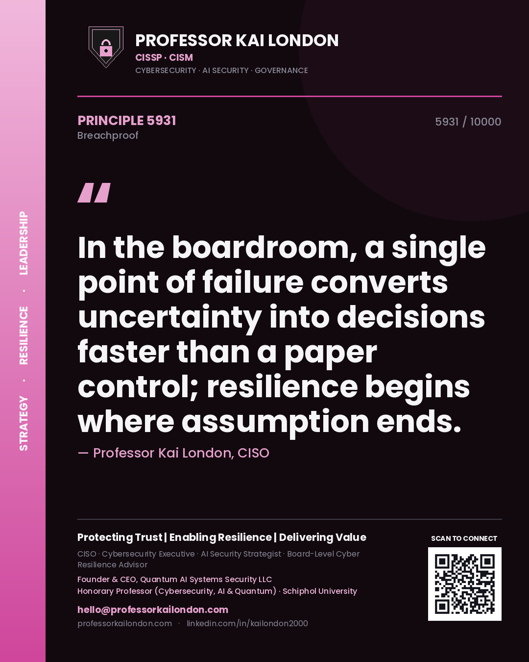 Quote card by Professor Kai London reading 'In the boardroom, a single point of failure converts uncertainty into decisions faster than a paper control; resilience begins where assumption ends.'. From the book Breachproof.