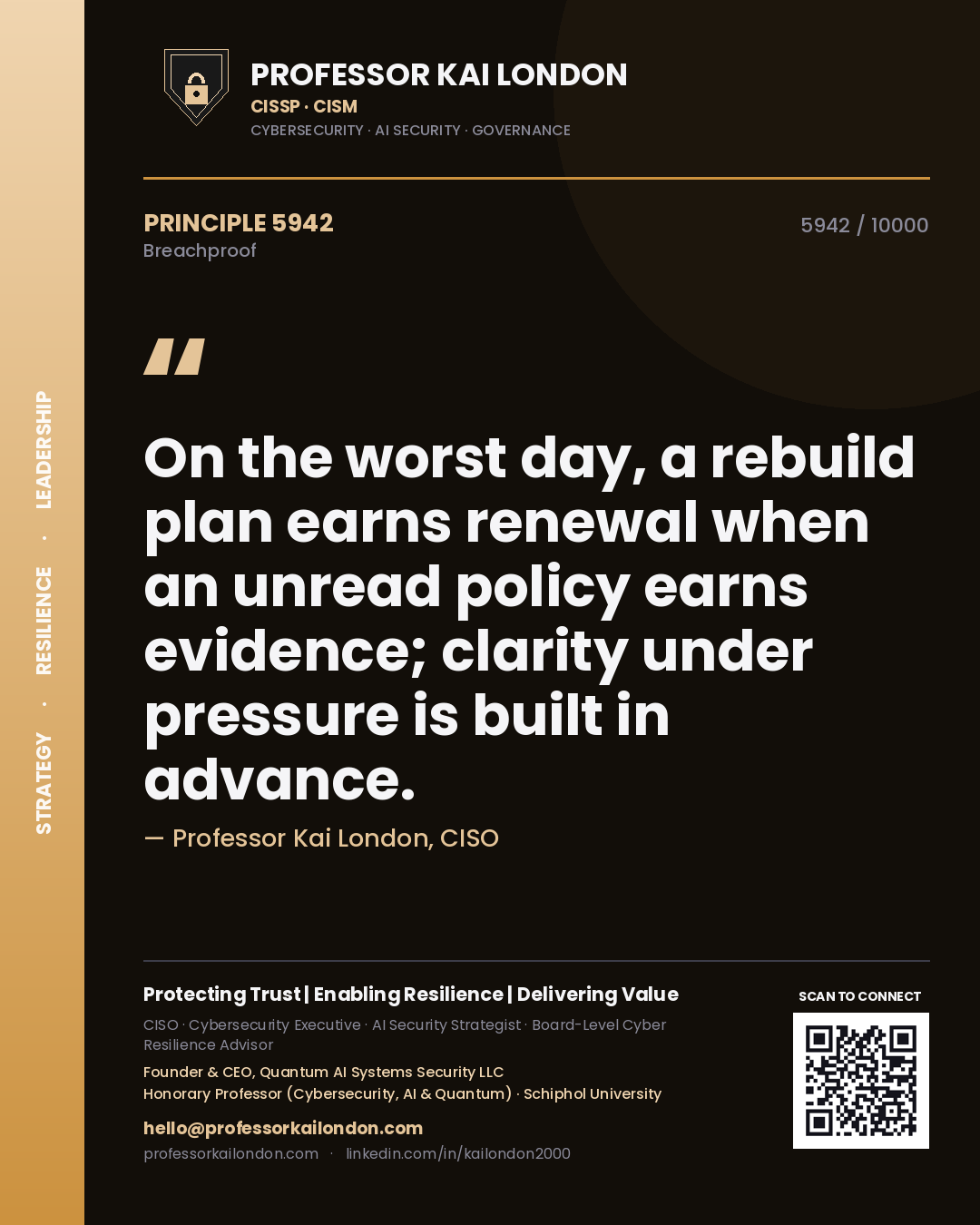 Quote card by Professor Kai London reading 'On the worst day, a rebuild plan earns renewal when an unread policy earns evidence; clarity under pressure is built in advance.'. From the book Breachproof.