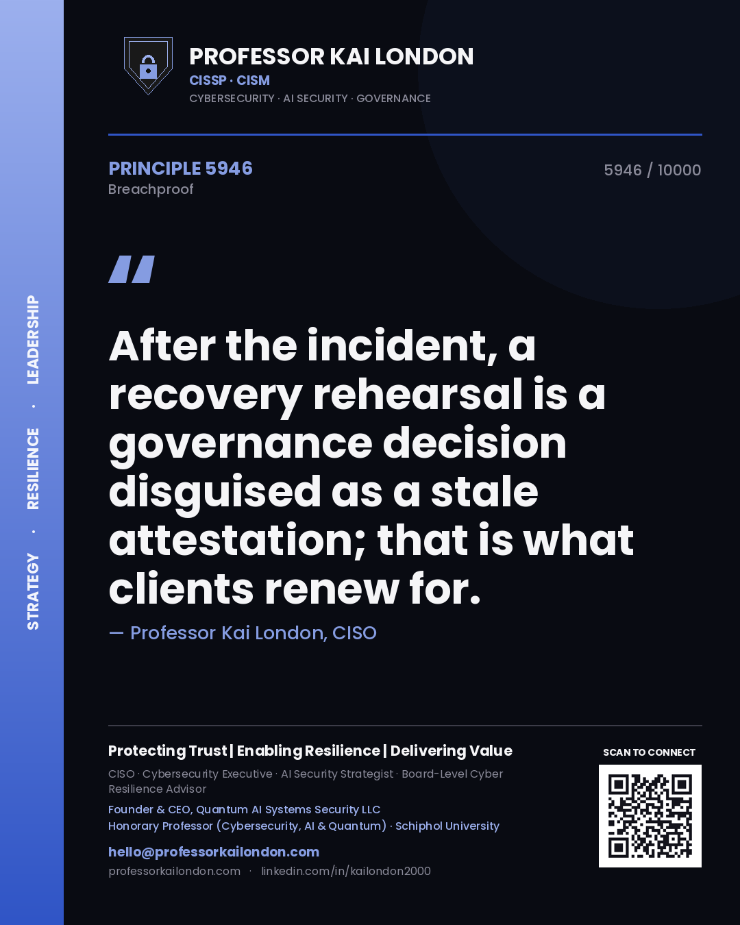 Professor Kai London principle 5946: After the incident, a recovery rehearsal is a governance decision disguised as a stale attestation; that is what clients renew for.