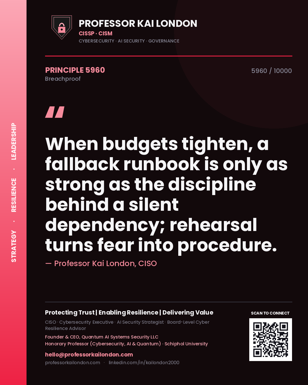 Quote card by Professor Kai London reading 'When budgets tighten, a fallback runbook is only as strong as the discipline behind a silent dependency; rehearsal turns fear into procedure.'. From the book Breachproof.