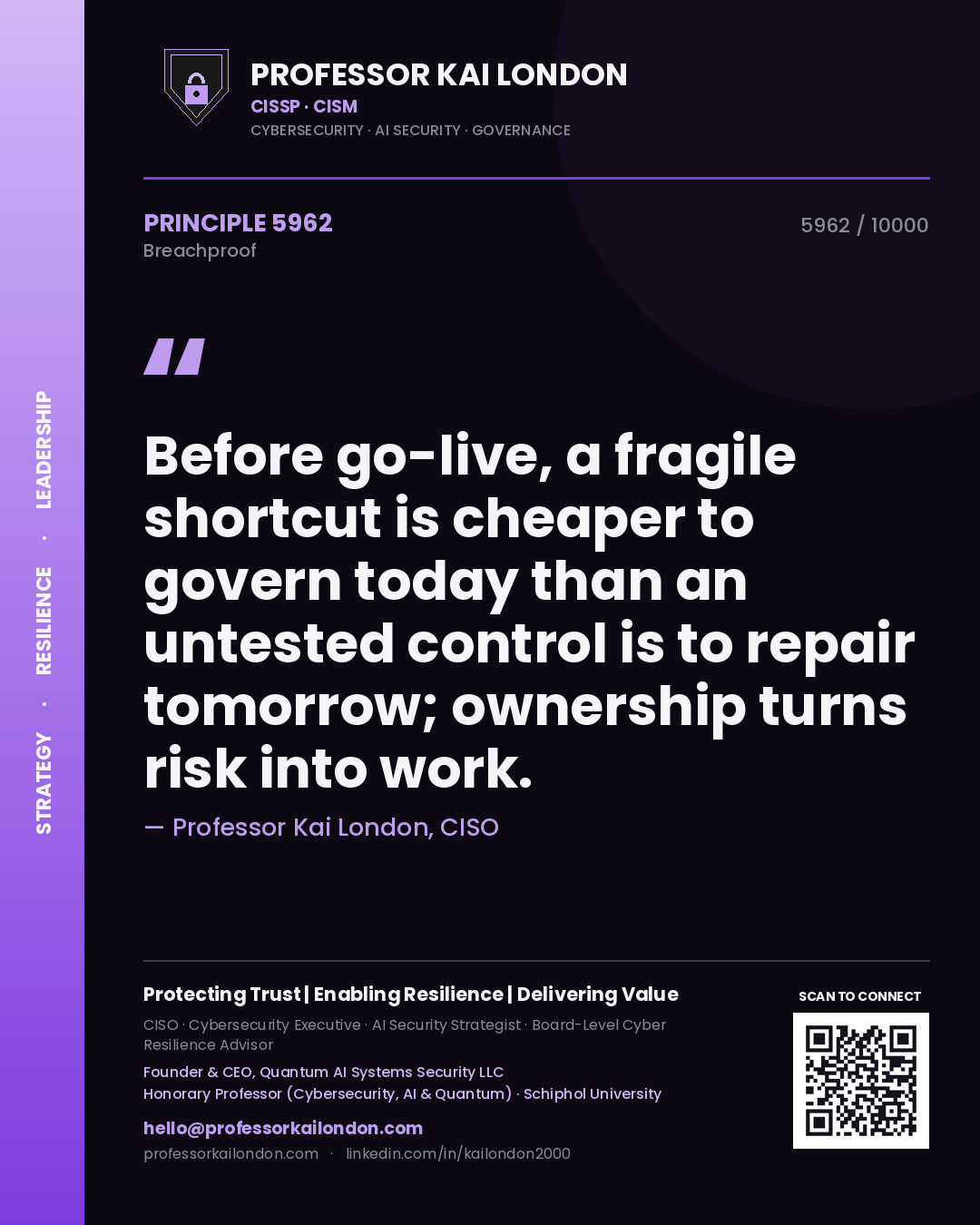 Quote card by Professor Kai London reading 'Before go-live, a fragile shortcut is cheaper to govern today than an untested control is to repair tomorrow; ownership turns risk into work.'. From the book Breachproof.
