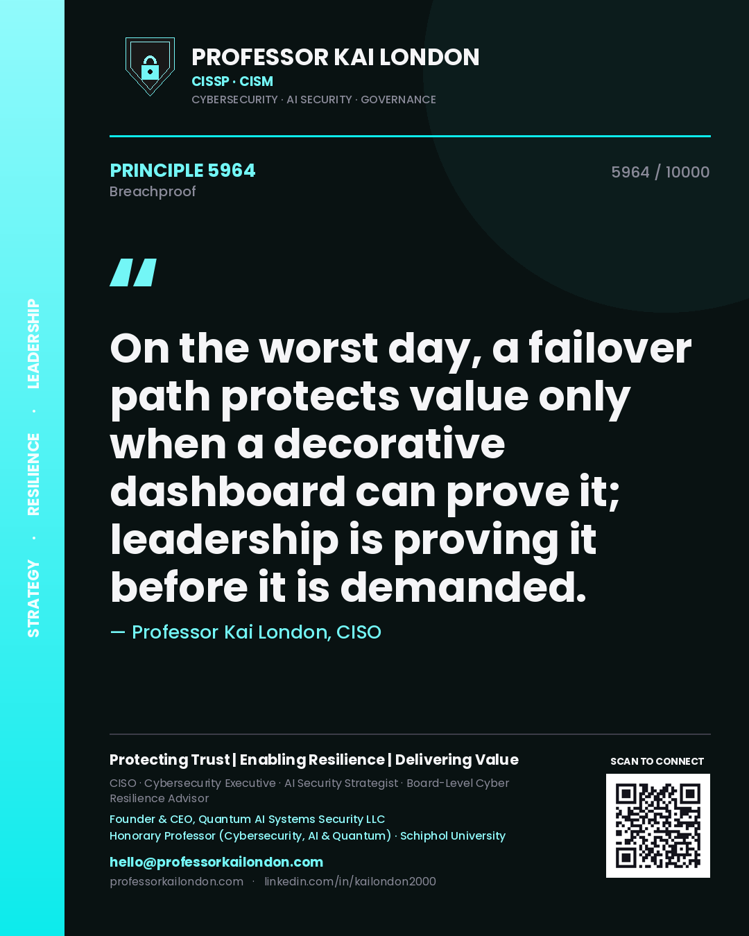 Quote card by Professor Kai London reading 'On the worst day, a failover path protects value only when a decorative dashboard can prove it; leadership is proving it before it is demanded.'. From the book Breachproof.
