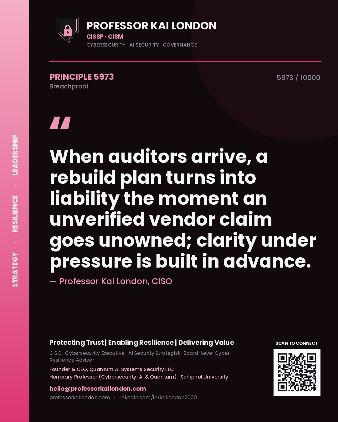 Quote card by Professor Kai London reading 'When auditors arrive, a rebuild plan turns into liability the moment an unverified vendor claim goes unowned; clarity under pressure is built in advance.'. From the book Breachproof.