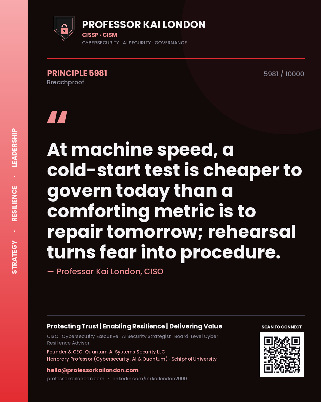 Professor Kai London principle 5981: At machine speed, a cold-start test is cheaper to govern today than a comforting metric is to repair tomorrow; rehearsal turns fear into procedure.