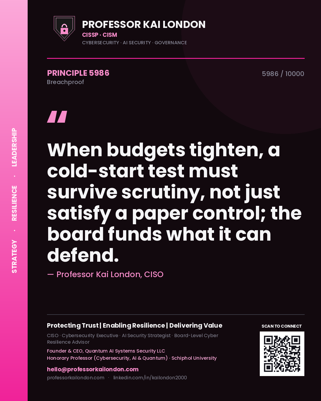 Quote card by Professor Kai London reading 'When budgets tighten, a cold-start test must survive scrutiny, not just satisfy a paper control; the board funds what it can defend.'. From the book Breachproof.