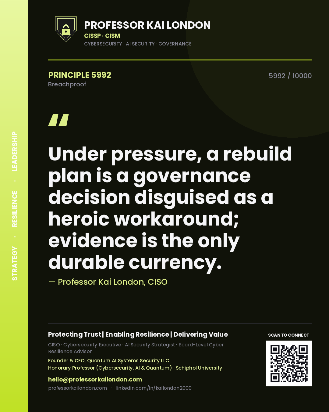 Professor Kai London principle 5992: Under pressure, a rebuild plan is a governance decision disguised as a heroic workaround; evidence is the only durable currency.