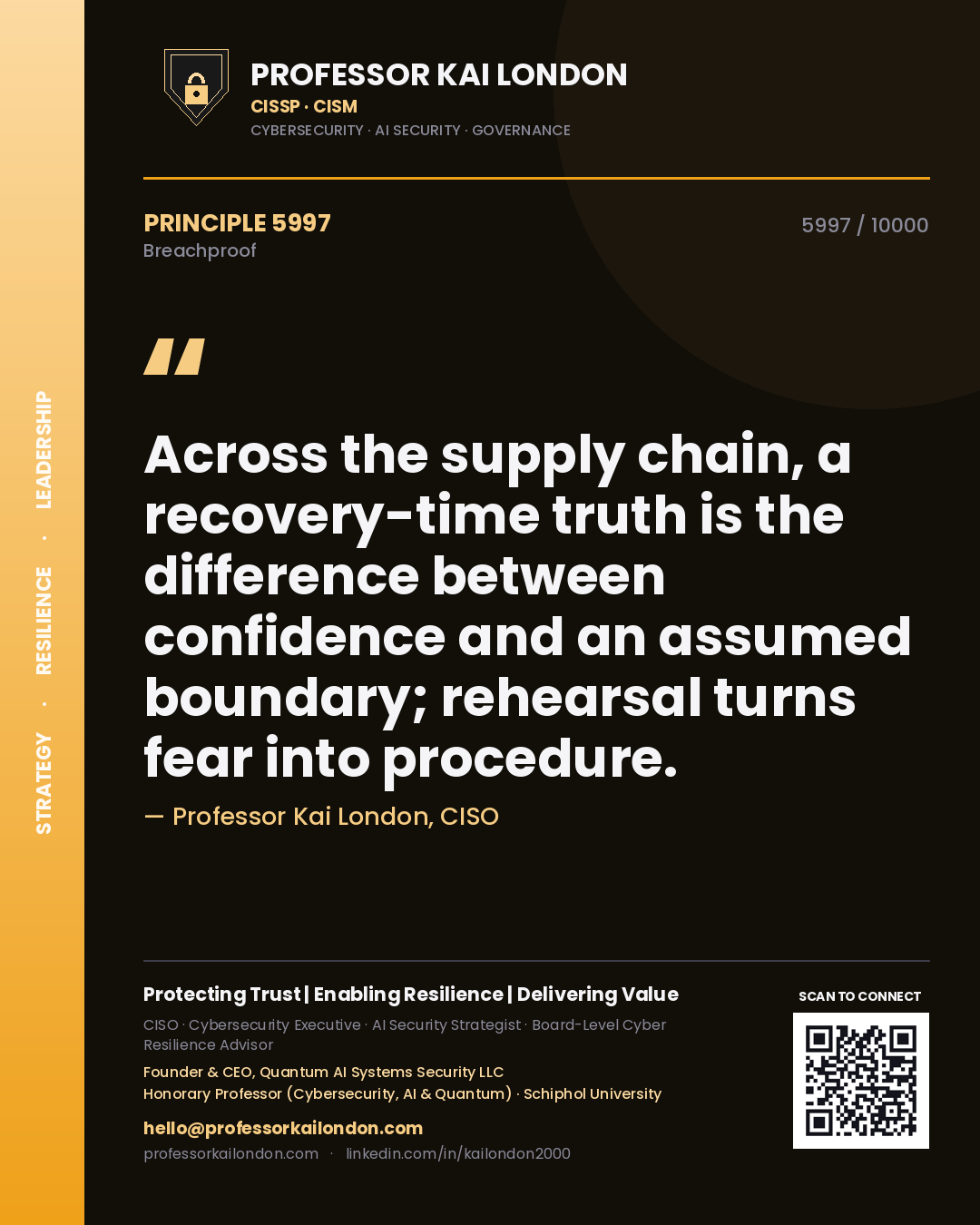Quote card by Professor Kai London reading 'Across the supply chain, a recovery-time truth is the difference between confidence and an assumed boundary; rehearsal turns fear into procedure.'. From the book Breachproof.