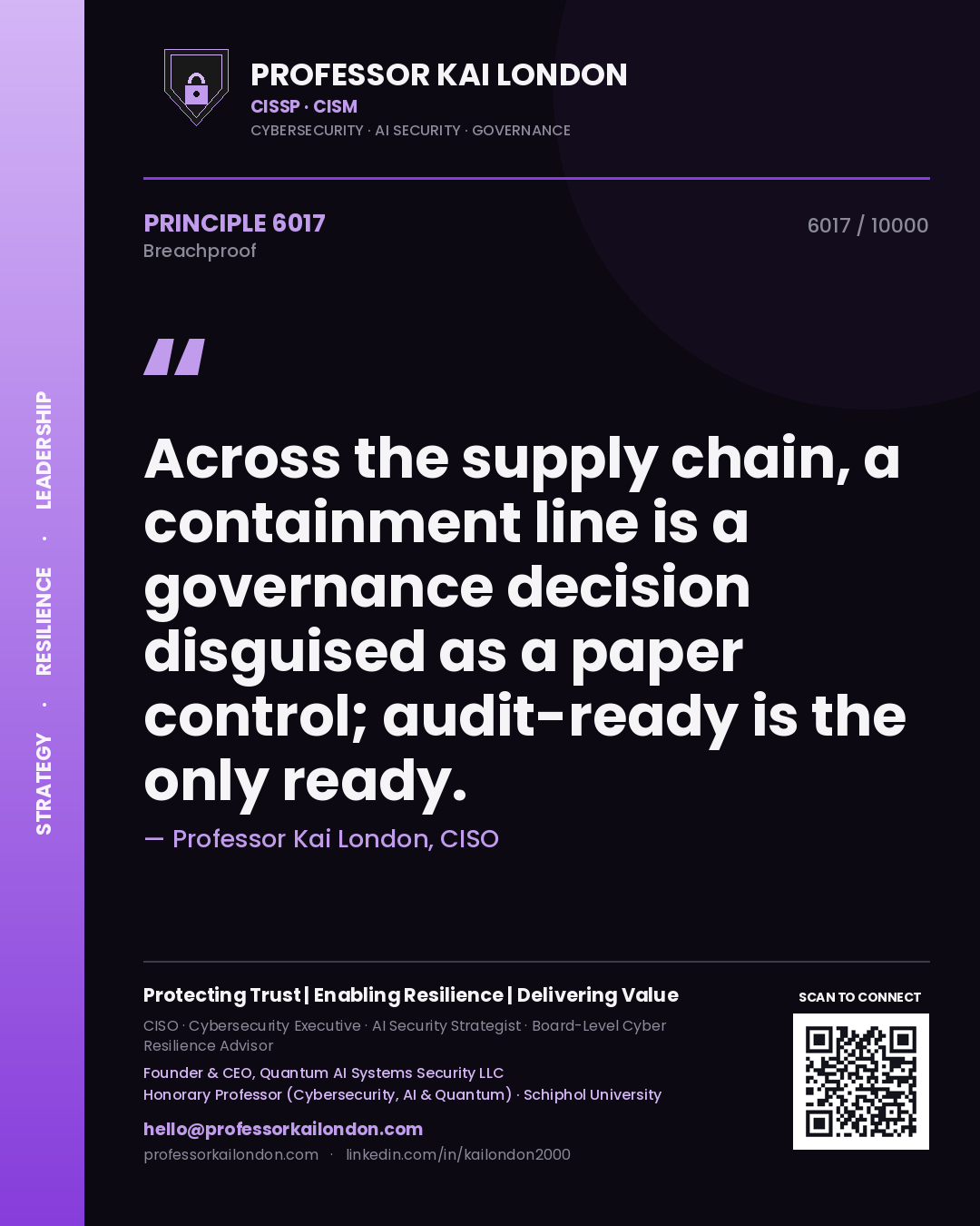 Quote card by Professor Kai London reading 'Across the supply chain, a containment line is a governance decision disguised as a paper control; audit-ready is the only ready.'. From the book Breachproof.