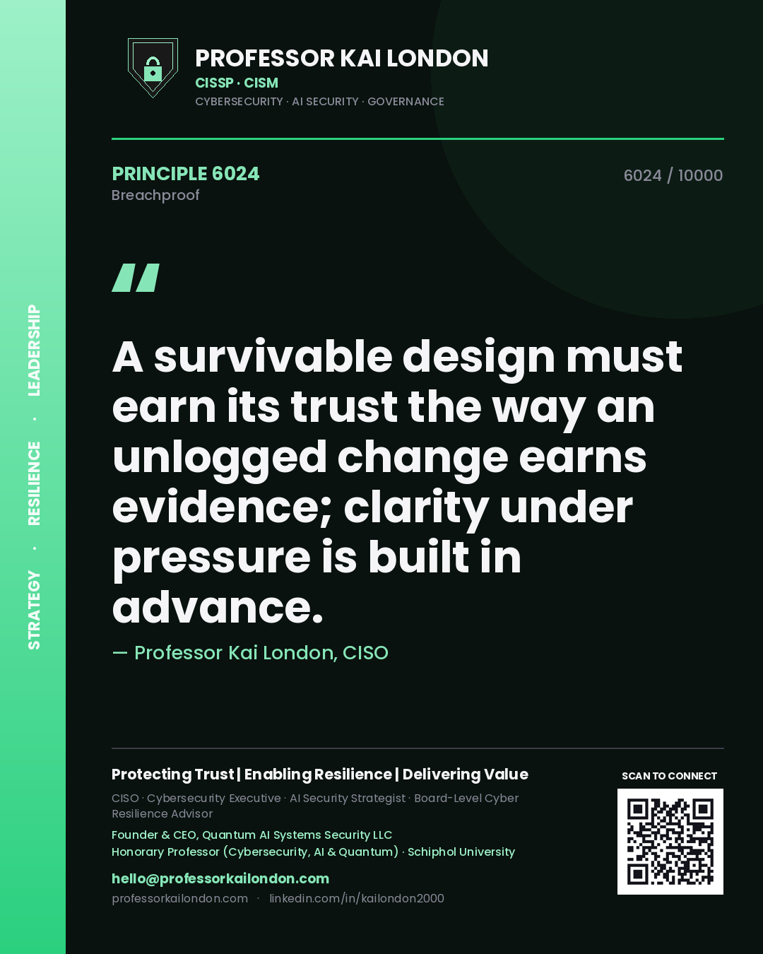 Quote card by Professor Kai London reading 'A survivable design must earn its trust the way an unlogged change earns evidence; clarity under pressure is built in advance.'. From the book Breachproof.