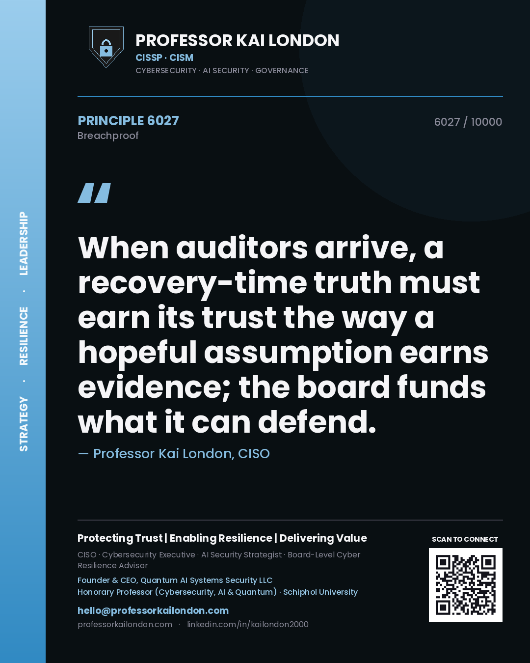 Quote card by Professor Kai London reading 'When auditors arrive, a recovery-time truth must earn its trust the way a hopeful assumption earns evidence; the board funds what it can defend.'. From the book Breachproof.