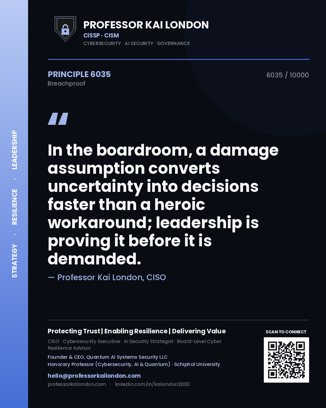 Quote card by Professor Kai London reading 'In the boardroom, a damage assumption converts uncertainty into decisions faster than a heroic workaround; leadership is proving it before it is demanded.'. From the book Breachproof.