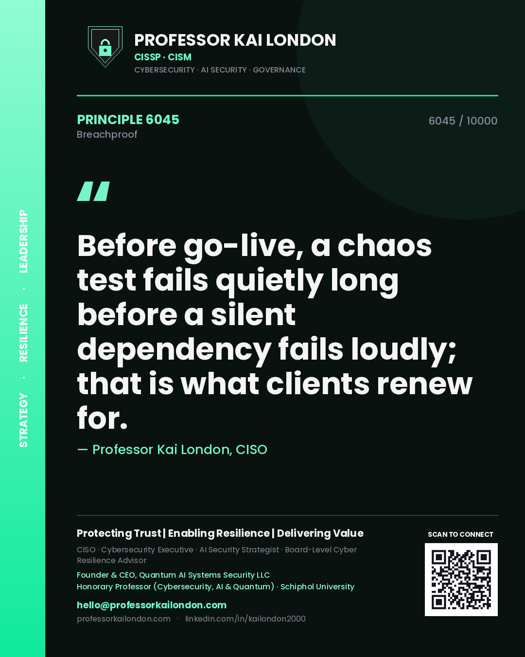 Quote card by Professor Kai London reading 'Before go-live, a chaos test fails quietly long before a silent dependency fails loudly; that is what clients renew for.'. From the book Breachproof.