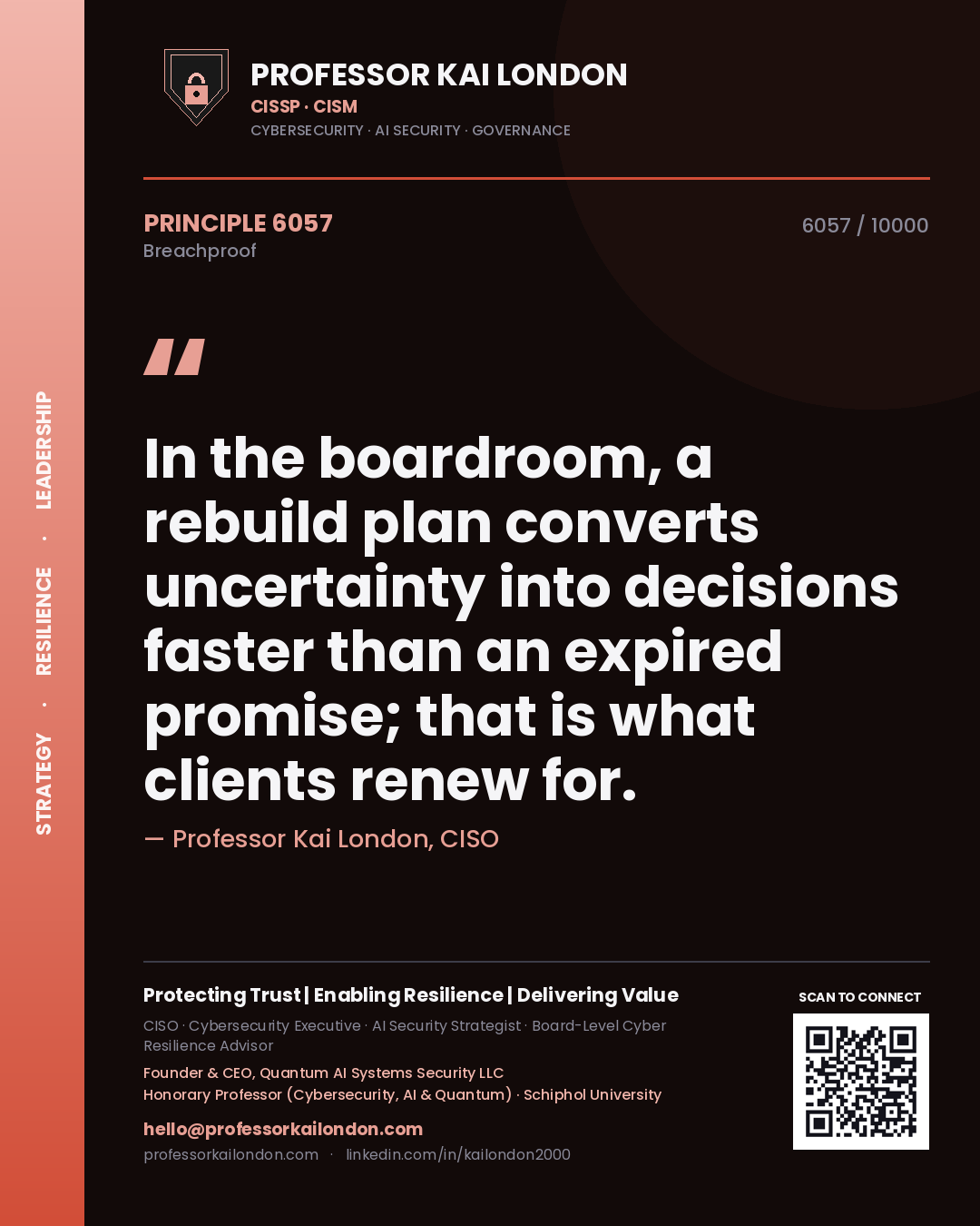 Quote card by Professor Kai London reading 'In the boardroom, a rebuild plan converts uncertainty into decisions faster than an expired promise; that is what clients renew for.'. From the book Breachproof.