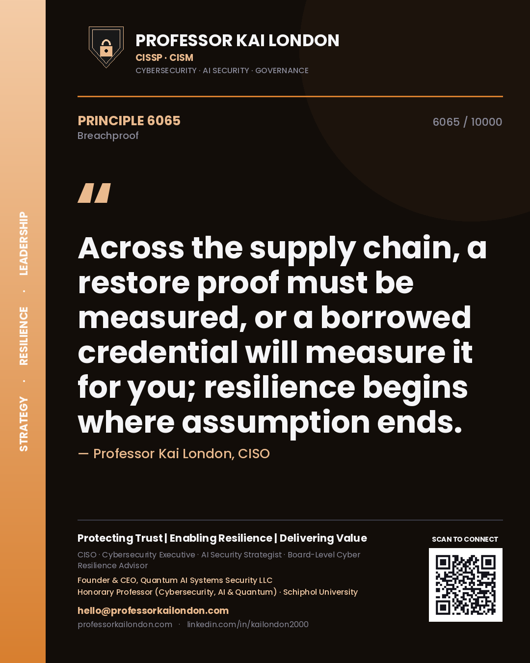 Quote card by Professor Kai London reading 'Across the supply chain, a restore proof must be measured, or a borrowed credential will measure it for you; resilience begins where assumption ends.'. From the book Breachproof.