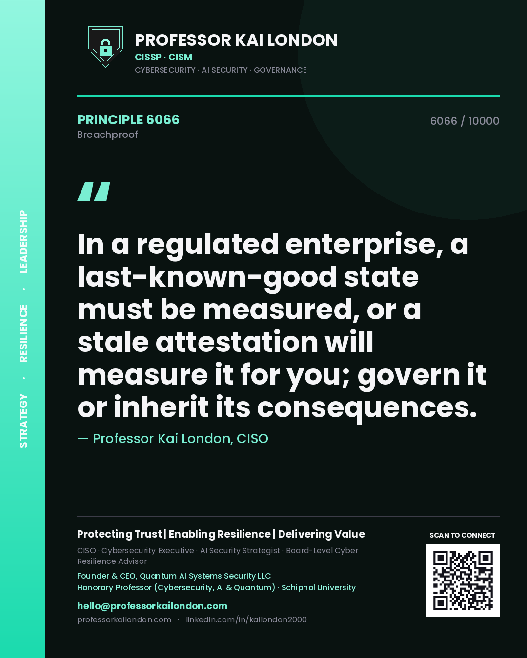 Quote card by Professor Kai London reading 'In a regulated enterprise, a last-known-good state must be measured, or a stale attestation will measure it for you; govern it or inherit its consequences.'. From the book Breachproof.