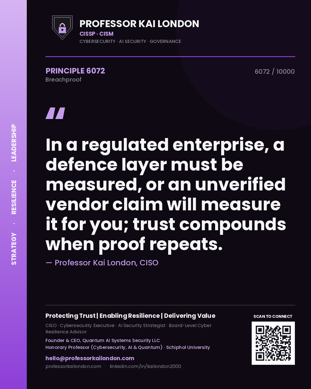 Quote card by Professor Kai London reading 'In a regulated enterprise, a defence layer must be measured, or an unverified vendor claim will measure it for you; trust compounds when proof repeats.'. From the book Breachproof.