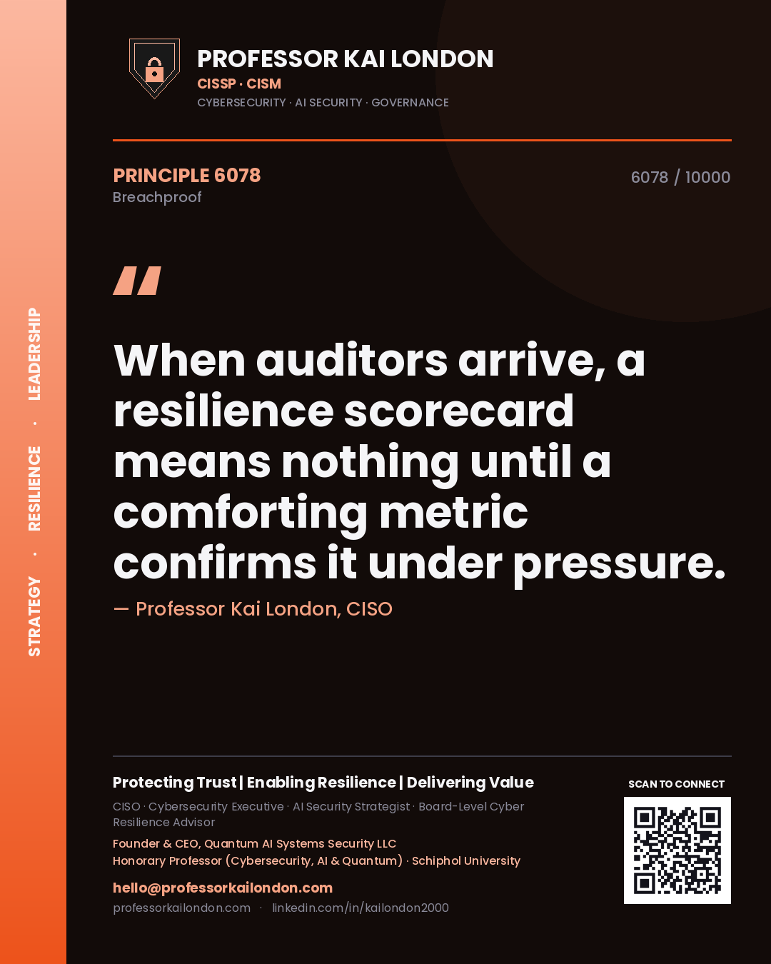 Quote card by Professor Kai London reading 'When auditors arrive, a resilience scorecard means nothing until a comforting metric confirms it under pressure.'. From the book Breachproof.