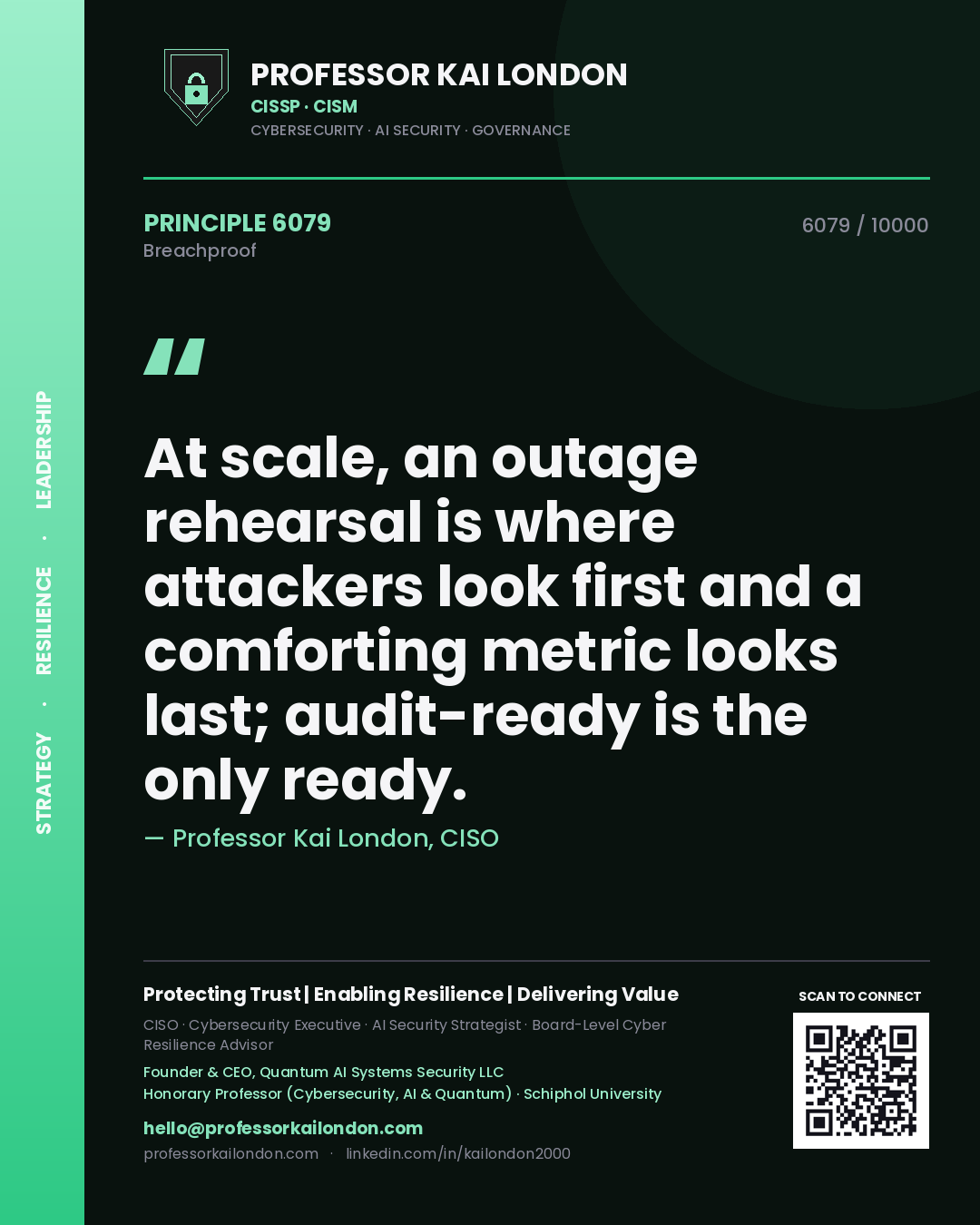 Quote card by Professor Kai London reading 'At scale, an outage rehearsal is where attackers look first and a comforting metric looks last; audit-ready is the only ready.'. From the book Breachproof.