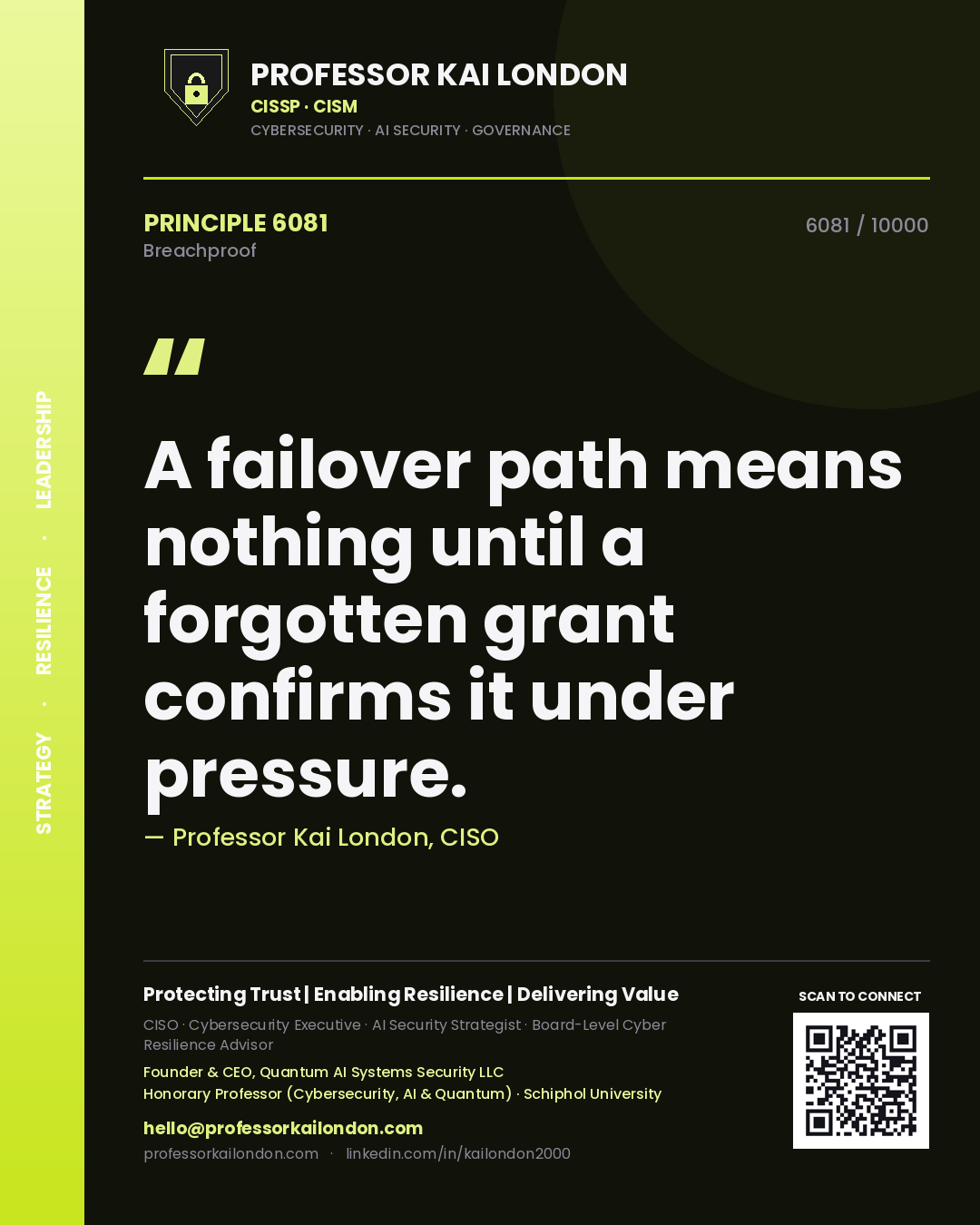 Quote card by Professor Kai London reading 'A failover path means nothing until a forgotten grant confirms it under pressure.'. From the book Breachproof.