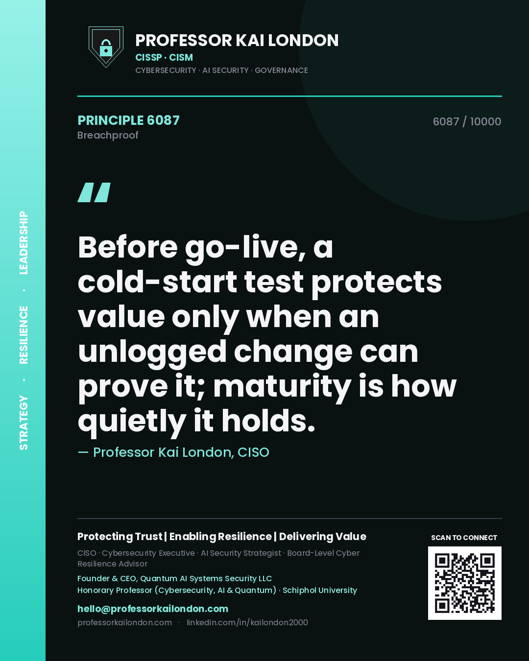 Quote card by Professor Kai London reading 'Before go-live, a cold-start test protects value only when an unlogged change can prove it; maturity is how quietly it holds.'. From the book Breachproof.
