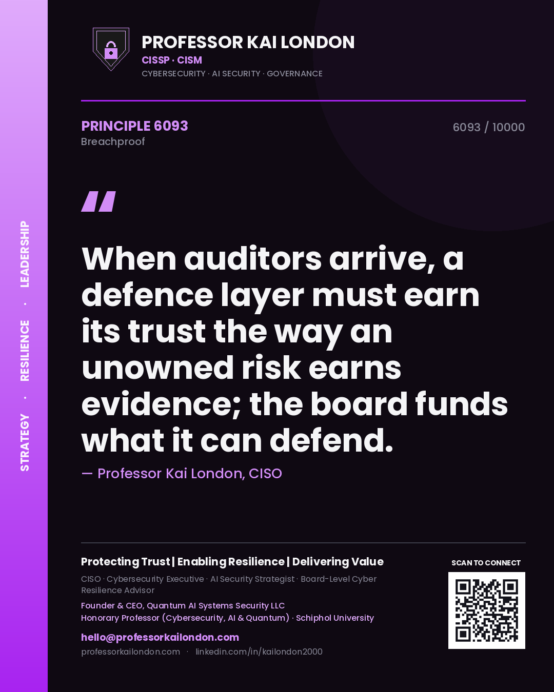 Quote card by Professor Kai London reading 'When auditors arrive, a defence layer must earn its trust the way an unowned risk earns evidence; the board funds what it can defend.'. From the book Breachproof.