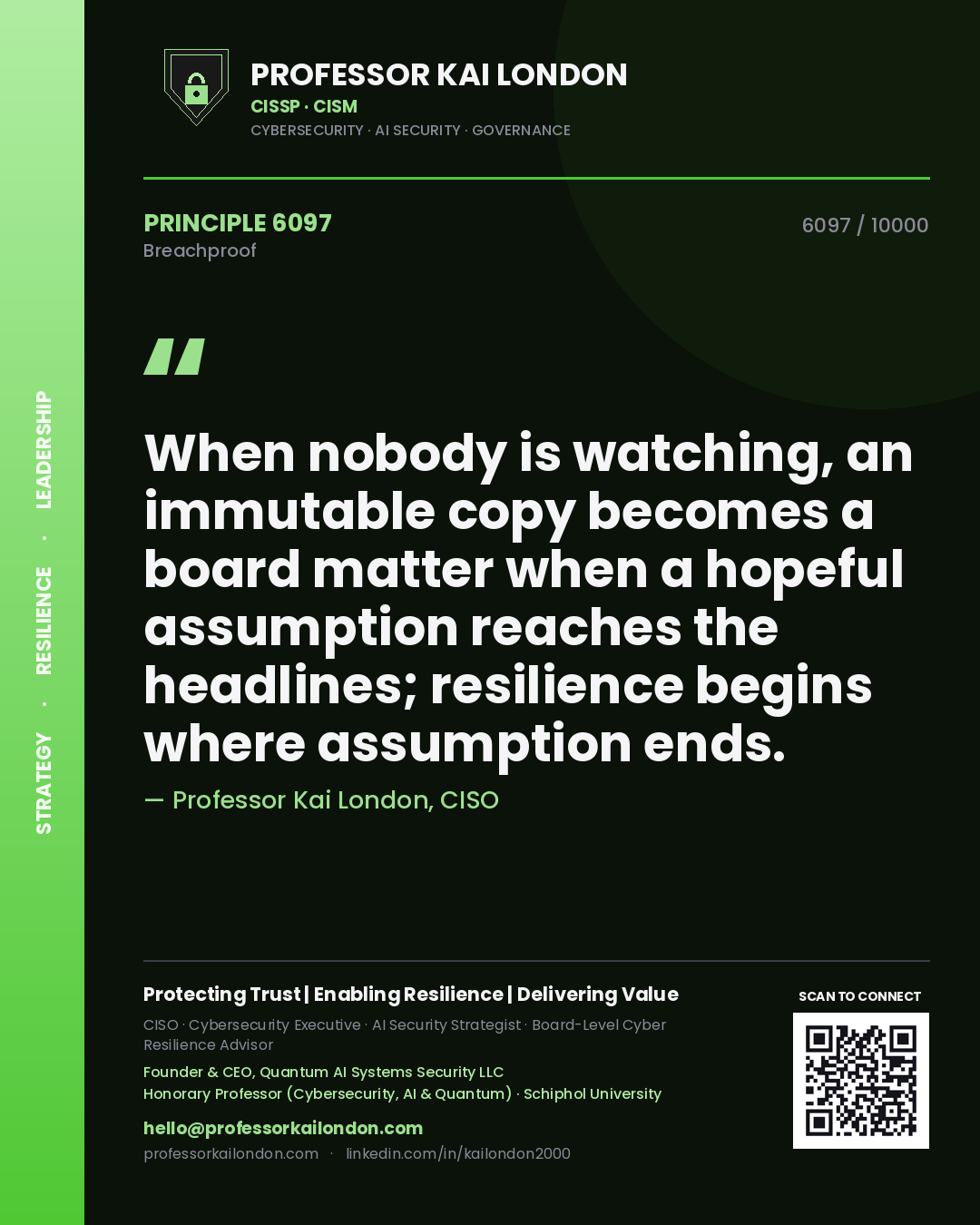 Quote card by Professor Kai London reading 'When nobody is watching, an immutable copy becomes a board matter when a hopeful assumption reaches the headlines; resilience begins where assumption ends.'. From the book Breachproof.