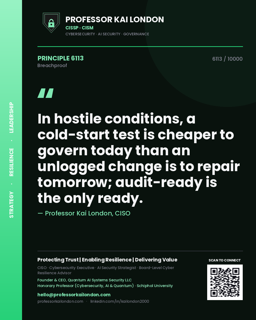 Quote card by Professor Kai London reading 'In hostile conditions, a cold-start test is cheaper to govern today than an unlogged change is to repair tomorrow; audit-ready is the only ready.'. From the book Breachproof.