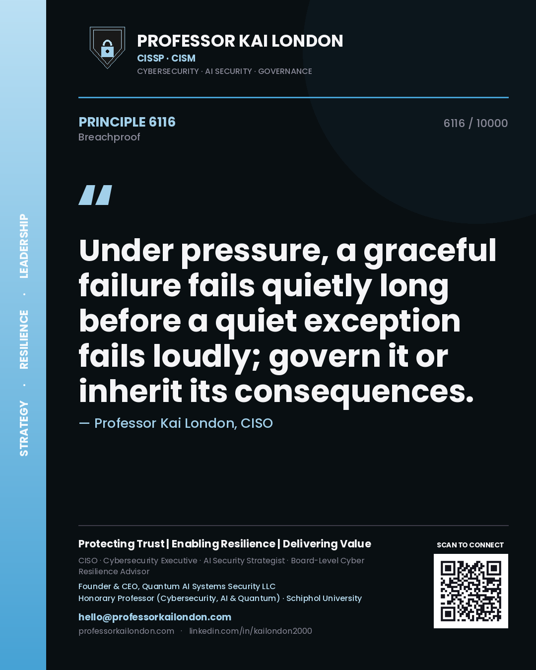 Quote card by Professor Kai London reading 'Under pressure, a graceful failure fails quietly long before a quiet exception fails loudly; govern it or inherit its consequences.'. From the book Breachproof.