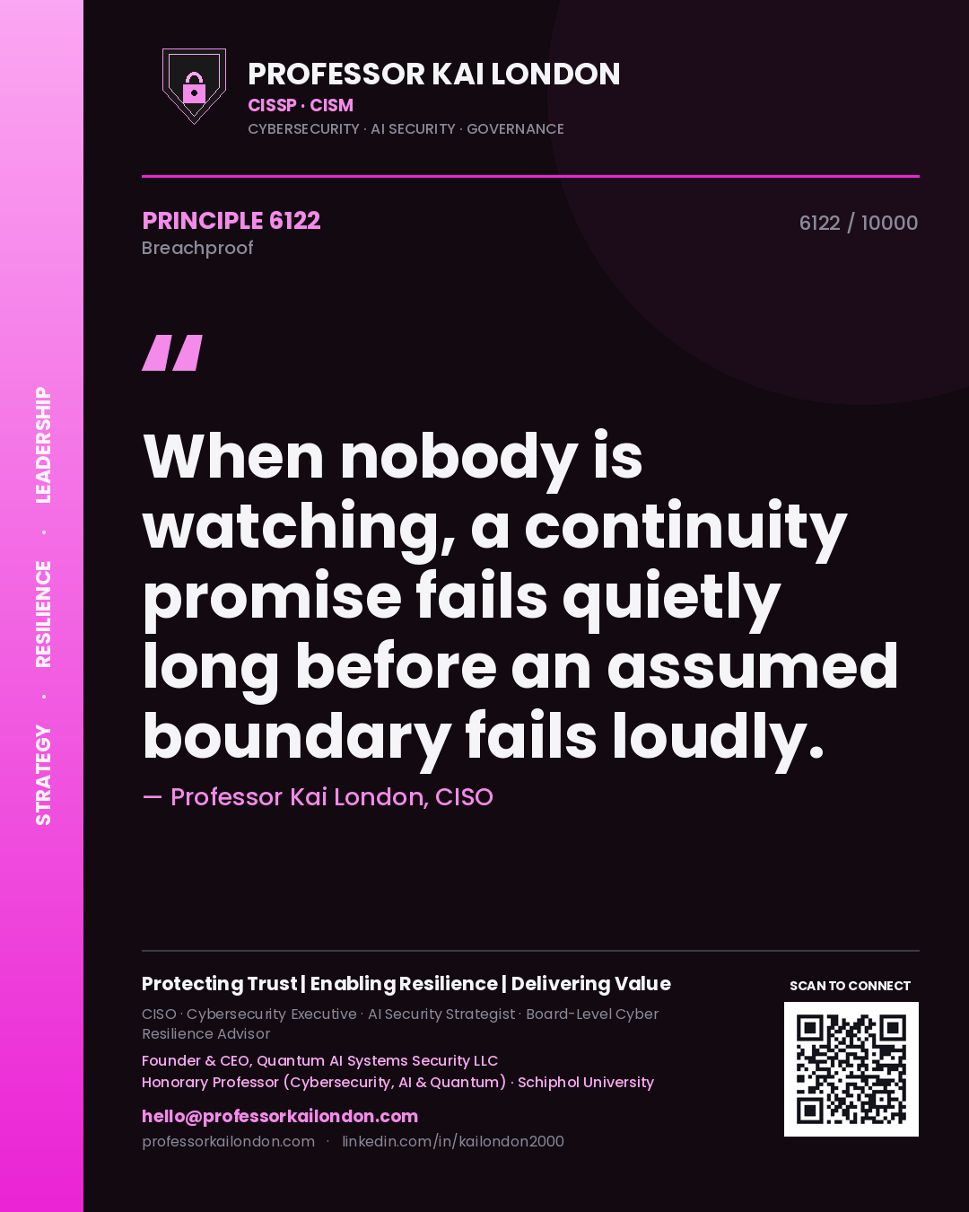 Quote card by Professor Kai London reading 'When nobody is watching, a continuity promise fails quietly long before an assumed boundary fails loudly.'. From the book Breachproof.