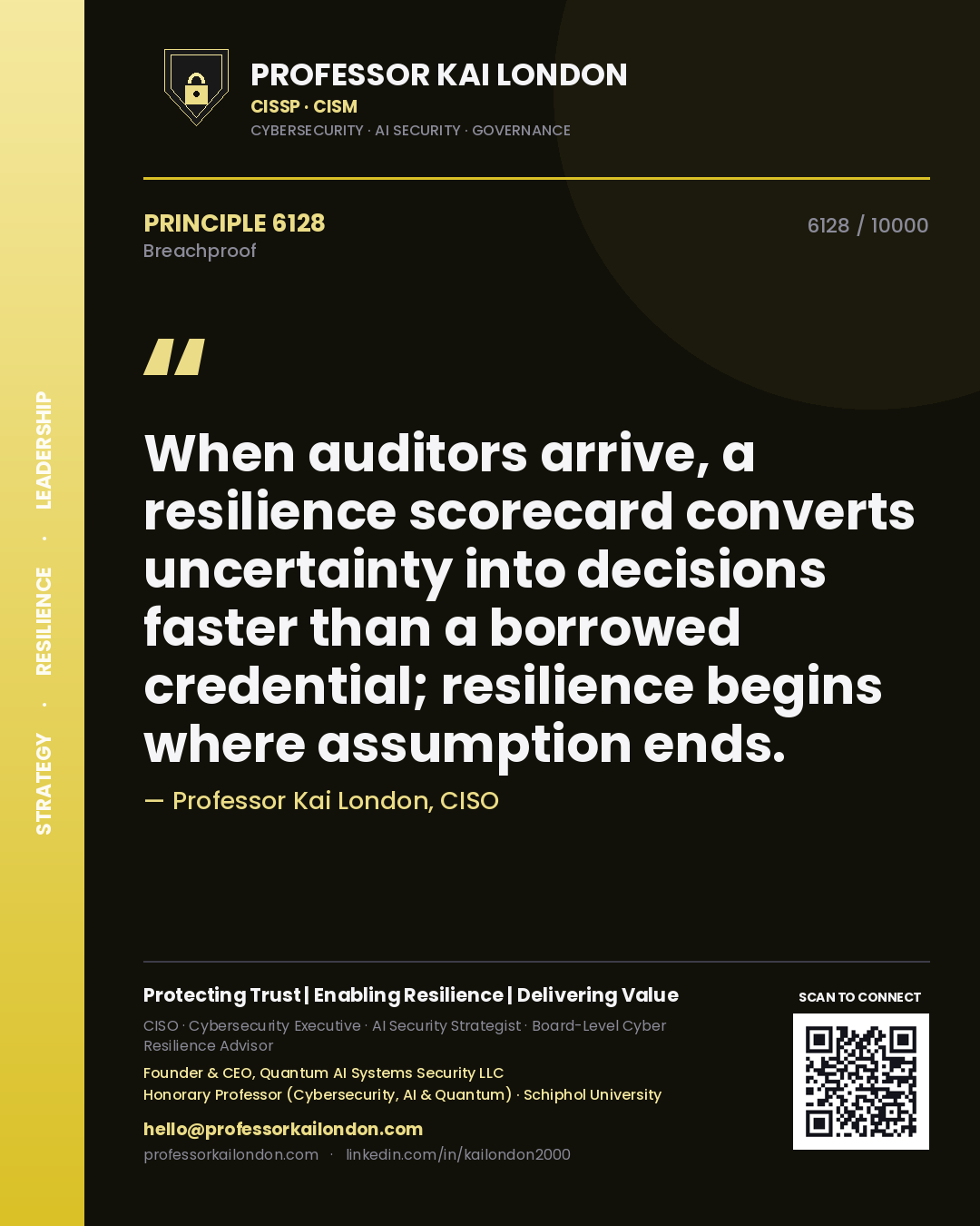 Quote card by Professor Kai London reading 'When auditors arrive, a resilience scorecard converts uncertainty into decisions faster than a borrowed credential; resilience begins where assumption ends.'. From the book Breachproof.