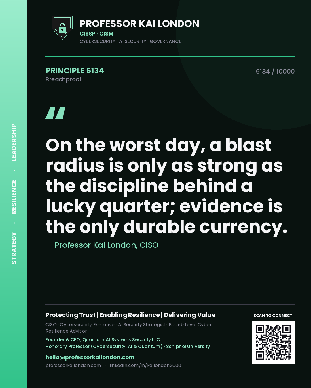 Quote card by Professor Kai London reading 'On the worst day, a blast radius is only as strong as the discipline behind a lucky quarter; evidence is the only durable currency.'. From the book Breachproof.