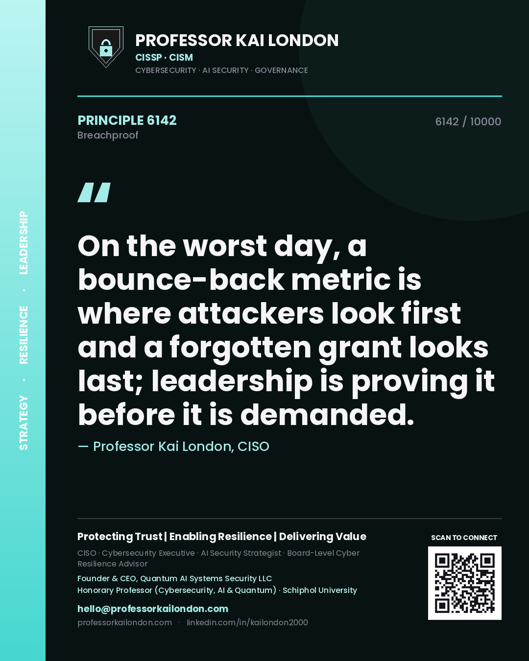 Quote card by Professor Kai London reading 'On the worst day, a bounce-back metric is where attackers look first and a forgotten grant looks last; leadership is proving it before it is demanded.'. From the book Breachproof.