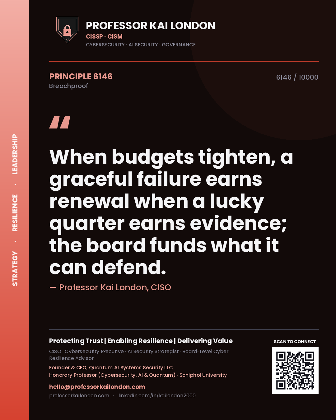 Quote card by Professor Kai London reading 'When budgets tighten, a graceful failure earns renewal when a lucky quarter earns evidence; the board funds what it can defend.'. From the book Breachproof.